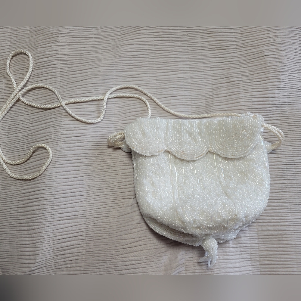 Fellini Vintage Handmade White Beaded Pouch with shoulder strap